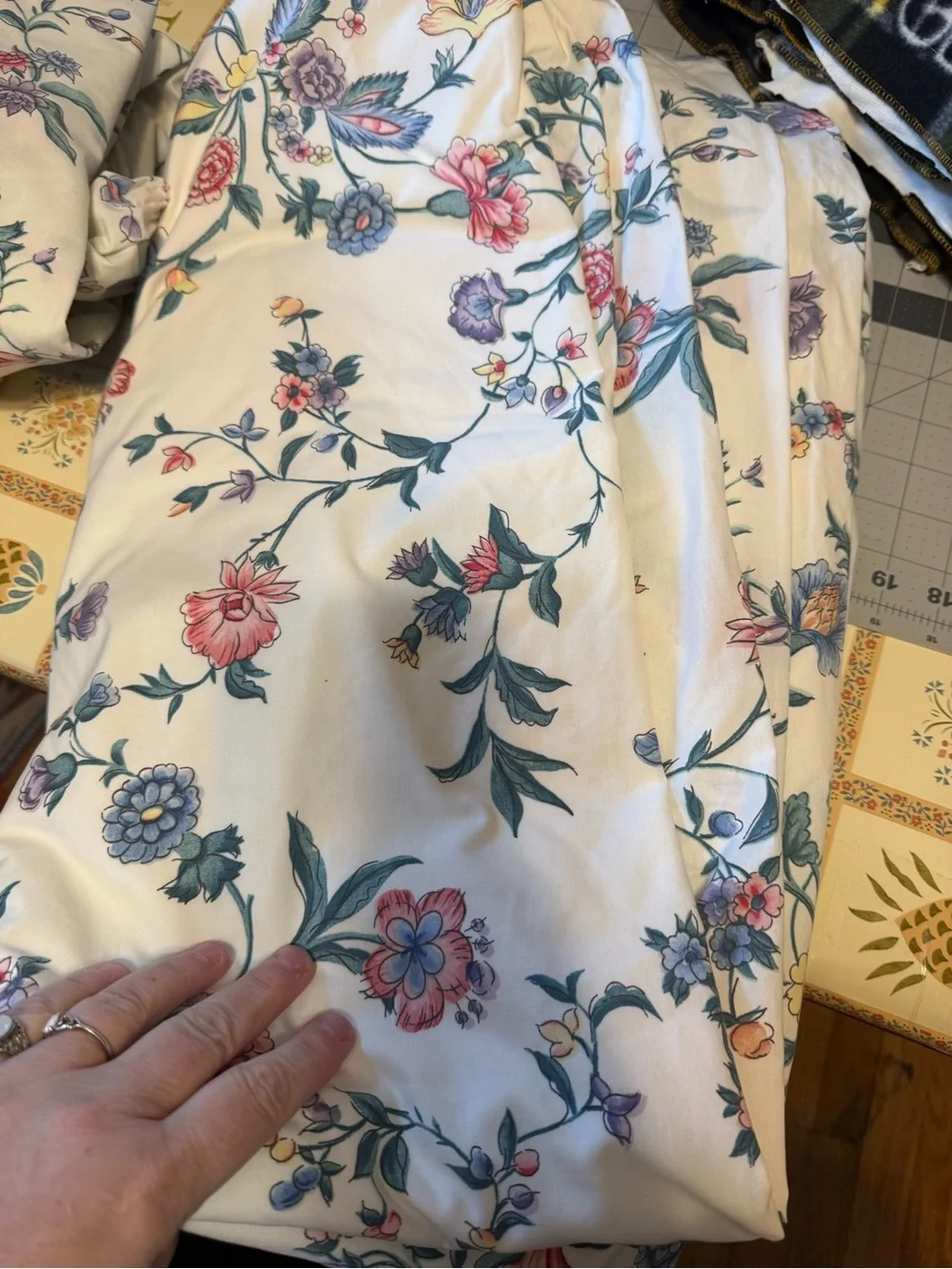 Vintage Laura Ashley Chinese Silk chintz floral bedding. Full/Queen.